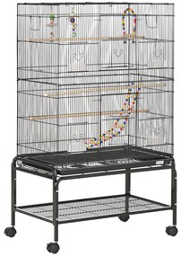 PawHut Colivie pentru Păsări cu Stinghii, Jucării, Recipiente Alimentare și Tavă Detașabilă, 79x49x133 cm, Negru | Aosom Romania