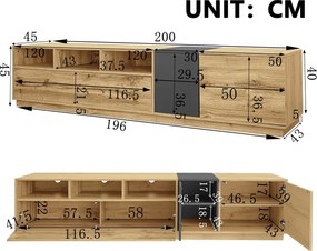 Comodă TV în culori contrastante, 200x45x45 cm, Culoare naturală+Gri