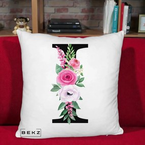 Cadou Personalizat - Perna Personalizata Monograma Florala Litera I, 40x40 cm, Alb Pufos, Husa Detasabila, Perna Inclusa, BEKZ®