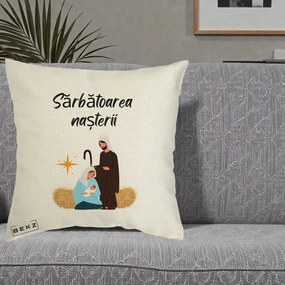Perna Decorativa Nasterea Domnului Sfanta Familie Sarbatoarea Nasterii, 40x40 cm, Ecru, Husa Detasabila, Perna Inclusa, BEKZ®