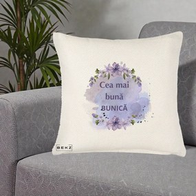 Cadou pentru Bunica - Perna Personalizata Cea Mai Buna Bunica Flori Mov Acuarela Negru, 40x40 cm, Crem Reliefat, Husa Detasabila, Perna Inclusa, BEKZ®