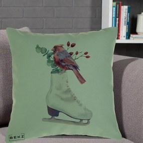 Perna Decorativa Cardinal Rosu pe Patina de Gheata, 40x40 cm, Verde, Husa Detasabila, Perna Inclusa, BEKZ®