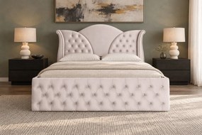 Pat tapițat Chesterfield din catifea Velora Deluxe Classic 180×200 cm, crem, cu ladă de depozitare
