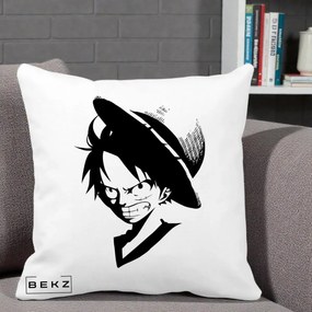 Perna Personalizata One Piece Luffy Silueta Alb-Negru, 40x40 cm, Alba Mata, Husa Detasabila, Perna Inclusa, BEKZ®
