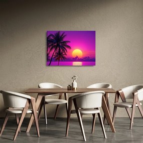 Tablou pe sticlă - Apus violet cu palmier (70x50 cm)