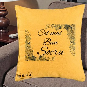 Cadou pentru Socru - Perna Personalizata Cel mai Bun Socru cu Flori Albastre Acuarela, 40x40 cm, Galben, Husa Detasabila, Perna Inclusa, BEKZ®
