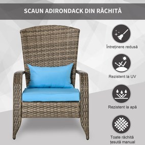 Outsunny Scaun Adirondack din Ratan pentru Grădină cu Perne Moi Spătar Înalt Curbat și Cotiere Albastru Deschis | Aosom Romania