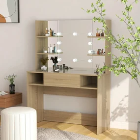 331545 vidaXL Masă machiaj cu lumini LED, stejar, 100x40x135 cm , MDF