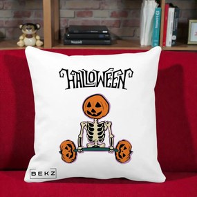 Perna Decorativa Halloween Schelet cu Cap de Dovleac Powerlifting, 40x40 cm, Alba Mata, Husa Detasabila, Perna Inclusa, BEKZ®