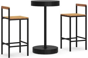 vidaXL Set bar pentru grădină, 3 piese, negru, poliratan/lemn acacia