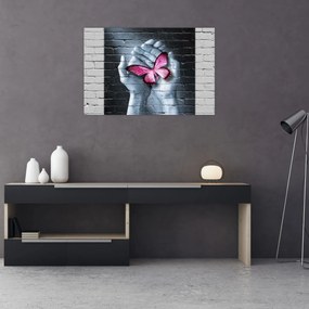 Tablou - Fluture roz în perete (90x60 cm)