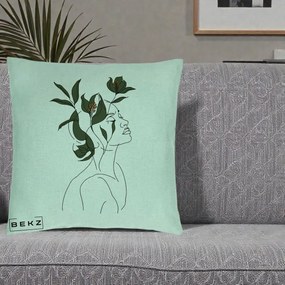 Perna Decorativa Portret Feminin Crin Verde, 40x40 cm, Verde Menta, Husa Detasabila, Perna Inclusa, BEKZ®