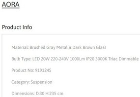 Lustra, Pendul LED, Sticla Maro Inchis, AORA, NVL-9191245