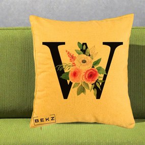 Cadou Personalizat - Perna Personalizata Monograma Florala Litera W cu Trandafiri si Anemona, 40x40 cm, Galben, Husa Detasabila, Perna Inclusa, BEKZ®