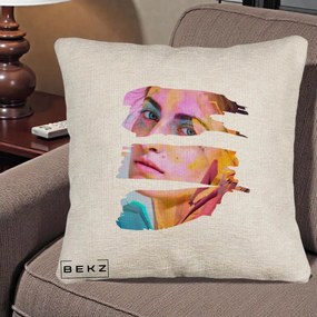 Perna Decorativa Portret Femeie Fragmentat Colorat, 40x40 cm, Bej Canapea, Husa Detasabila, Perna Inclusa, BEKZ®