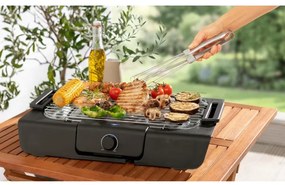 Gratar electric Royalty Line RL-SBGT2000, 2000W, 38x28 cm, Suport pliabil, 200°C, Termostat, Tava de scurgere, Negru