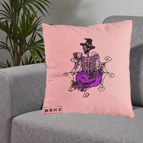 Perna Decorativa Schelet Vrajitor cu Dovleac Violet Halloween, 40x40 cm, Roz, Husa Detasabila, Perna Inclusa, BEKZ®