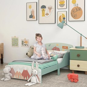 ZONEKIZ Pat pentru Copii 3-6 Ani cu Margini Înălțate și Design cu Animale, 77x143x60 cm, Verde | Aosom Romania