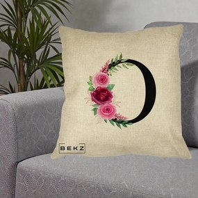 Cadou Personalizat - Perna Personalizata Monograma Florala Litera O, 40x40 cm, Crem, Husa Detasabila, Perna Inclusa, BEKZ®