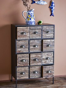 Comodă cu multe sertare, industrială, din metal și lemn, negru, cu 12 sertare, mânere scoică și picioare metalice, 92 x 60,5 x 33,5 cm, „Matteo”