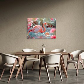 Tablou pe sticlă - Flamingo în iaz (70x50 cm)