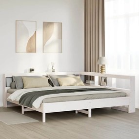 vidaXL Pat cu bibliotecă fără saltea, alb, 200x200 cm, lemn masiv pin
