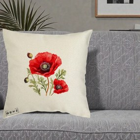Perna Decorativa Maci Rosii Acuarela, 40x40 cm, Ecru, Husa Detasabila, Perna Inclusa, BEKZ®