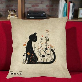 Perna Decorativa Pisica Neagra Flori Portocalii Silueta, 40x40 cm, Crem, Husa Detasabila, Perna Inclusa, BEKZ®