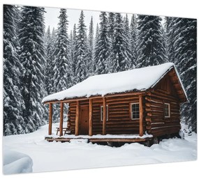 Tablou pe sticlă - Cabană acoperită de zăpadă (70x50 cm)