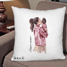 Cadou pentru Mama - Perna Personalizata Super Mom Jachete Roz, 40x40 cm, Alb Pufos, Husa Detasabila, Perna Inclusa, BEKZ®