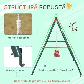 Outsunny Leagăn Dublu pentru Copii 3+ Ani cu Structură din Metal, Leagăn de Grădină cu Coardă Reglabilă, Joc de Exterior, Max 45 kg, 239x156x180 cm, Verde și Roșu | Aosom Romania