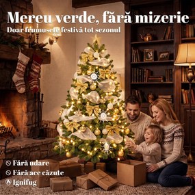 HOMCOM Brad de Crăciun 180 cm cu 200 LED-uri Alb Cald, 8 Moduri, 800 Crenguțe Ignifuge, Globuri, Panglici și Funde | Aosom Romania