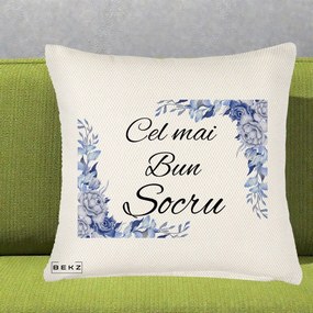 Cadou pentru Socru - Perna Personalizata Cel mai Bun Socru cu Flori Albastre Acuarela, 40x40 cm, Crem Reliefat, Husa Detasabila, Perna Inclusa, BEKZ®