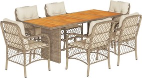 vidaXL Set de masă pentru grădină, 7 piese, cu perne, bej, poliratan