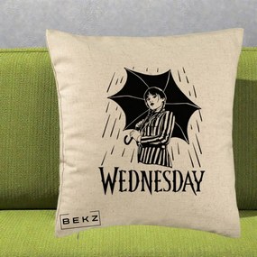 Perna Personalizata Wednesday cu Umbrela Ploaie Lineart, 40x40 cm, Bej, Husa Detasabila, Perna Inclusa, BEKZ®