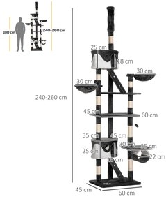 PawHut Stâlp Multifuncțional de Zgâriat cu Pod, Scări și Frânghii Sisal, 60x45x240-260cm, Gri și Alb | Aosom Romania