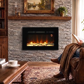 HOMCOM Șemineu Electric de 60 cm, Încastrat sau de Perete, 1800 W, Temporizator 24 de Ore, Flacără Reglabilă, Cristale | Aosom Romania