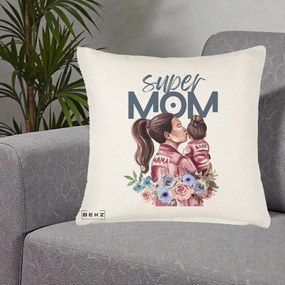 Cadou pentru Mama - Perna Personalizata Super Mom Mama cu Bebelusul, 40x40 cm, Crem Reliefat, Husa Detasabila, Perna Inclusa, BEKZ®