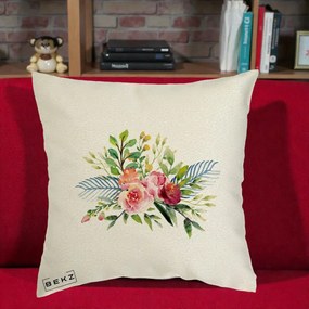 Perna Decorativa Buchet Flori Acuarela Roz-Verde, 40x40 cm, Ecru, Husa Detasabila, Perna Inclusa, BEKZ®
