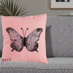 Perna Decorativa Fluture Acuarela Albastru-Gri, 40x40 cm, Roz, Husa Detasabila, Perna Inclusa, BEKZ®