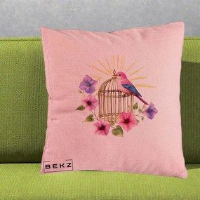 Perna Decorativa Pasare Roz pe Colivie Aurie cu Flori, 40x40 cm, Roz, Husa Detasabila, Perna Inclusa, BEKZ®