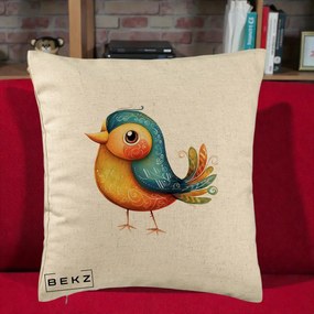 Perna Decorativa Pasare Folk Art Portocalie-Teal, 40x40 cm, Bej, Husa Detasabila, Perna Inclusa, BEKZ®