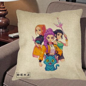 Perna Personalizata K-pop HUNTRX Trio cu Pisica si Cristale, 40x40 cm, Crem, Husa Detasabila, Perna Inclusa, BEKZ®