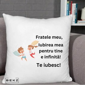 Cadou pentru Frate - Perna Personalizata Fratele Meu Te Iubesc Copii Batalie Perne, 40x40 cm, Alb Pufos, Husa Detasabila, Perna Inclusa, BEKZ®
