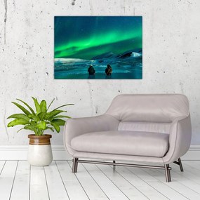 Tablou pe sticlă cu oameni la Aurora borealis (70x50 cm)