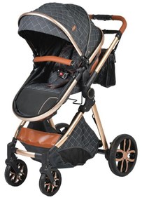 Carucior nou nascuti 2 in 1 NOVOKIDS™ Alma Gold PRO , Cu geanta bebe, Cadru Aluminiu , Amortizoare, Roti din cauciuc plin AVE, Landou, Modul sport,