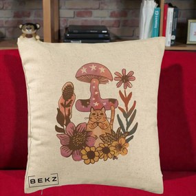 Perna Decorativa Ciuperca Pisica Boho, 40x40 cm, Bej, Husa Detasabila, Perna Inclusa, BEKZ®