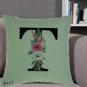 Cadou Personalizat - Perna Personalizata Monograma Florala Litera T, 40x40 cm, Verde, Husa Detasabila, Perna Inclusa, BEKZ®