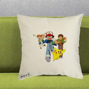 Perna Personalizata Pokemon Ash Misty Brock si Pikachu, 40x40 cm, Ecru, Husa Detasabila, Perna Inclusa, BEKZ®