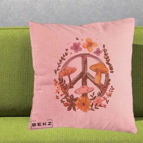 Perna Decorativa Peace Sign Ciuperci Floral, 40x40 cm, Roz, Husa Detasabila, Perna Inclusa, BEKZ®